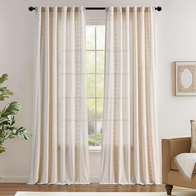 jinchan Boho Curtains Linen Blend Ivory Farmhouse Curtains 96 Inches Long for Living Room Square Embroidered Bordered Back Tab Bedroom Window Light Filtering Bohemian Drapes 2 Panels