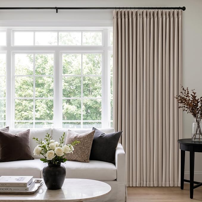60 Inch Extra Wide 100% Blackout Curtains 92 Inches Long 1 Panel for Bedroom, Burlywood Birch Memory Trained Pleated Thick Linen Thermal Noise Reducing Windows Curtain Light Blocking Drapes 60x92