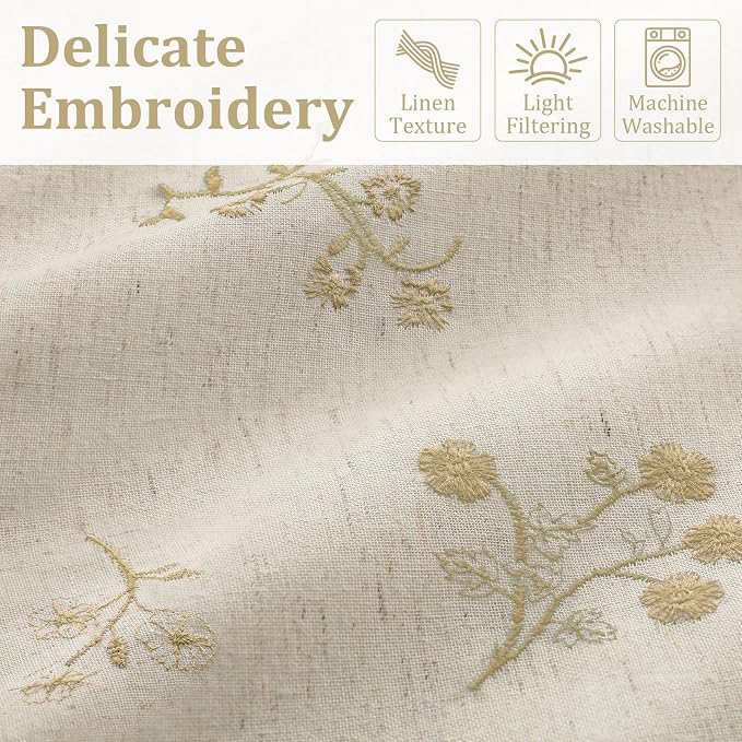 Beige Floral Embroidered Linen Blend Curtains for Bedroom, 84 Inch Light Filtering Spring Farmhouse Vintage Drapes for Living Room Rod Pocket, Set of 2 Panels