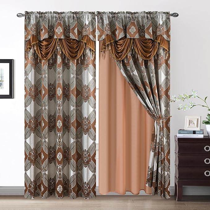 Petrichor Elegant Curtains with Gold Silver Threads 2 Panels Set - Luxury Window Treatment Attached Valance, Sheer Backing, and 2 Tie Backs for Bedroom and Living Room, 54x63 inches, Brown