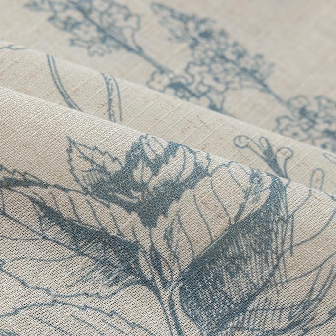 FMFUNCTEX Linen Curtains Floral Patterned Curtains for Bedroom Living Room, Blue Curtain 96 Inches Long Farmhouse, Light Filtering Beige Window Curtain Grommet Top 2 Panels Set