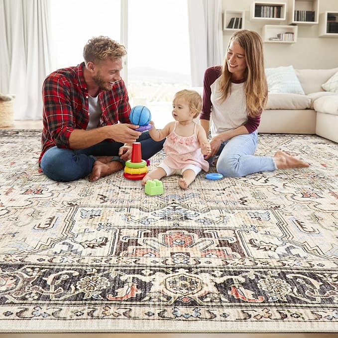 10x14 Area Rugs for Living Room - Large Carpet Ultra Thin Soft Washable Oriental Vintage Floral Distressed Rug Big Indoor Carpets for Bedroom Nursery Dorm Home Decor Aesthetic - Multi