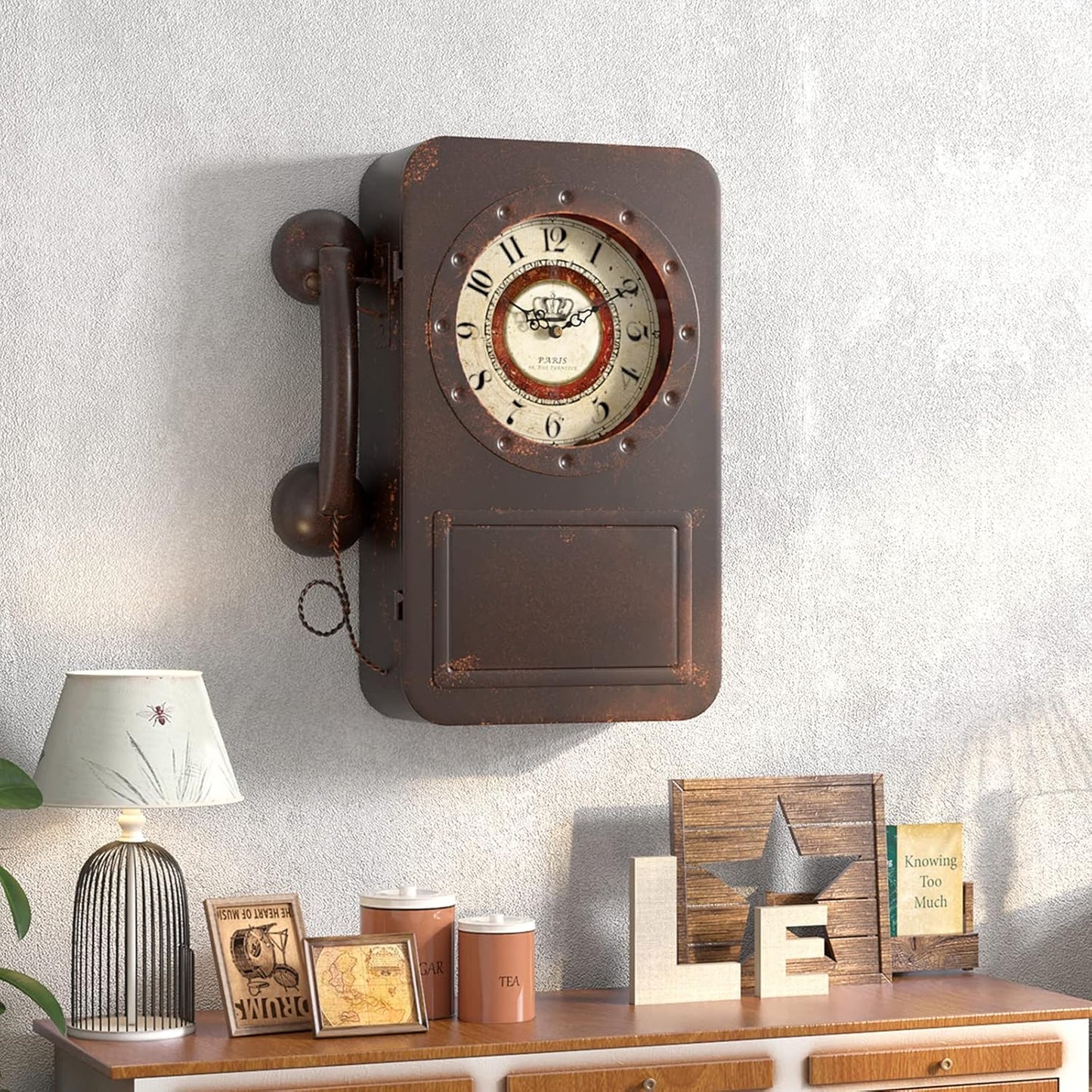 Abdurey Retro Old Telephone Wall Clock with Hidden Safe, Battery Operated Quartz Metal Wall Clocks, Large Rectangular Vintage Decor Clocks, for Farmhouse, Living Room(16" H x 12" W x 4" D)