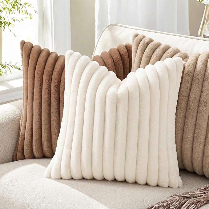 Pallene Faux Fur Plush Fall Throw Pillow Covers 22x22 Set of 2, Luxury Soft Fluffy Striped Decorative Pillow Covers for Sofa, Couch, Living Room, Cream White