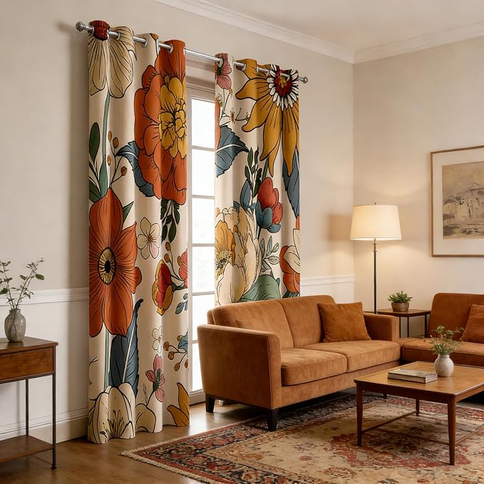 Boho Floral Blackout Curtain, Vintage Rustic Farmhouse Botanical Flower Abstract Modern Bohemian Window Curtains Living Room Bedroom Decor Darkening Window Drapes Treatments, 2 Panels 52x96 Inch