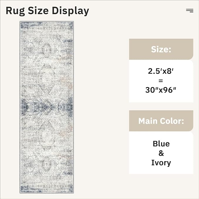 Soalmost Washable Runner Rug, 2'6" x 8' Non-Slip Kitchen Vintage Foldable 2.5x8ft Hallway Runners for Entryway, Laundry, Bedroom, Blue Ivory