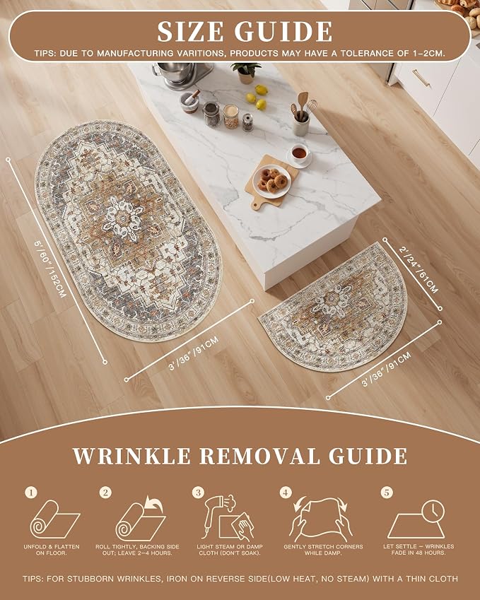 Madane Washable Half Circle Round Rug 2x3 Small Moon Rugs, Turmeric/Grey | Non-Slip Vintage Entryway Semi Area Rug 24"x36", Low Pile Door Mat Indoor Entrance for Bedroom Kitchen Entry Laundry Room