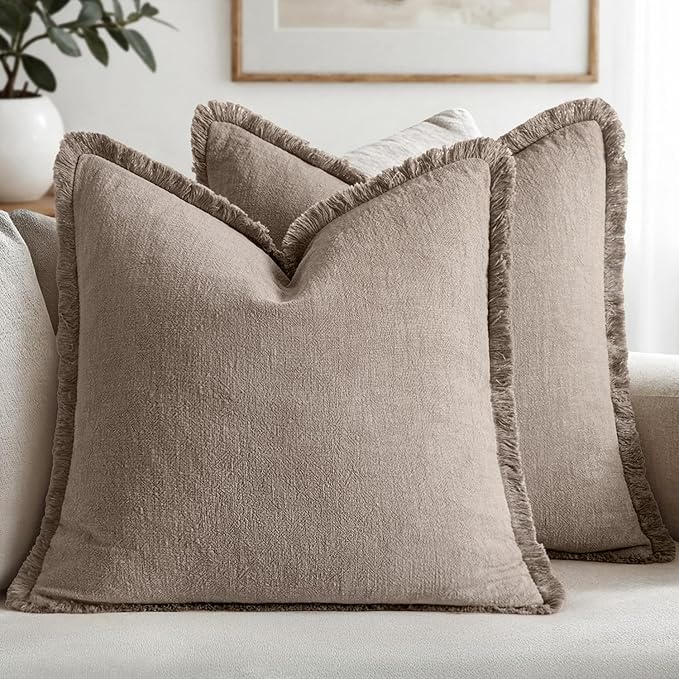 MIULEE Decorative Throw Pillow Covers Neutral Linen Fringe Throw Pillows Euro Shams Set of 2 Dune Boho Farmhouse Cushion Covers for Couch Sofa Bed Living Room Fall Home Decor 22x22 Inch