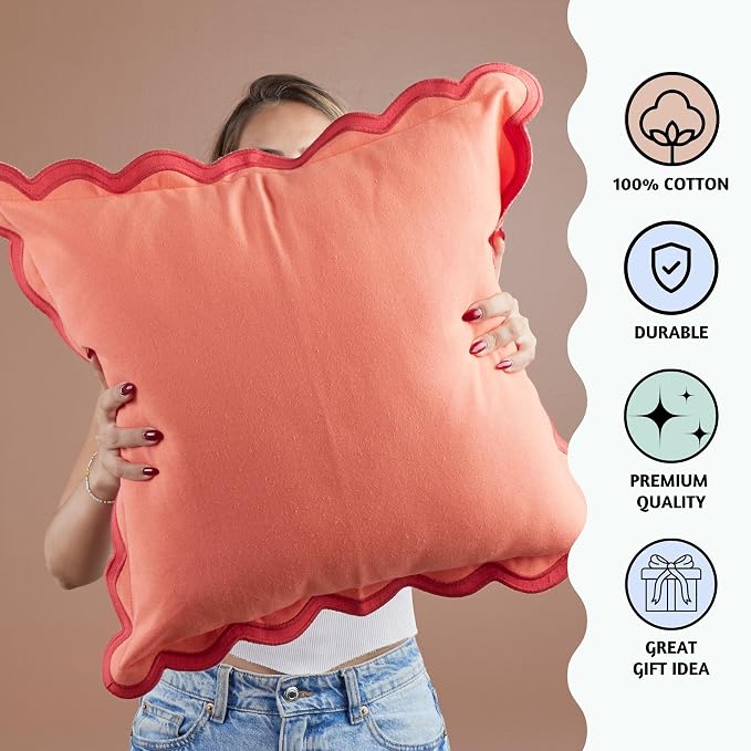 Folkulture Fall Pillow Covers 20x20 - Set of 2 | Red Fall Throw Pillows for Living Room, Fall Bedroom Decor |Decorative, Cute, Aesthetic, Preppy, Scalloped Outdoor Pillows for Couch,Farmhouse Decor