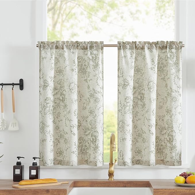 jinchan Floral Linen Tier Curtains Floral Sage on Beige Cafe Curtains 36 Inch Length Kitchen Living Room Bedroom Bathroom Farmhouse Rustic Country Rod Pocket 2 Panels