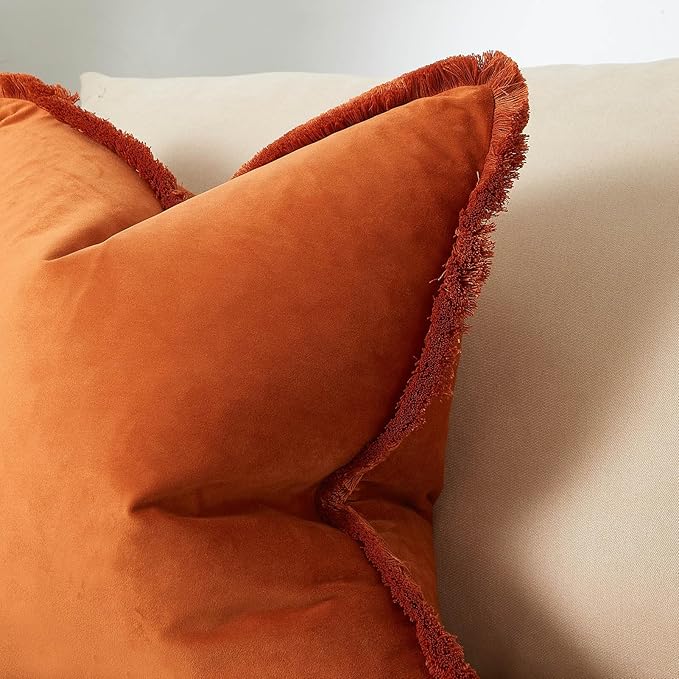 JUSPURBET Rust Velvet Throw Pillow Covers 16x16 Inch Set of 2 with Soft Tassel Fringe Luxury Boho Pillowcase for Sofa Couch Bed Home Decor Machine Washable