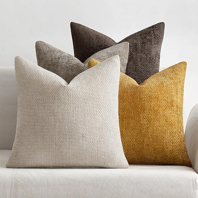 MIULEE Pack of 4 Couch Throw Pillow Covers 20x20 Inch Neutral Gold/Brown Soft Decorative Chenille Pillow Covers Farmhouse Accent Cushion Covers for Boho Fall Home Decor Sofa Bedroom Living Room