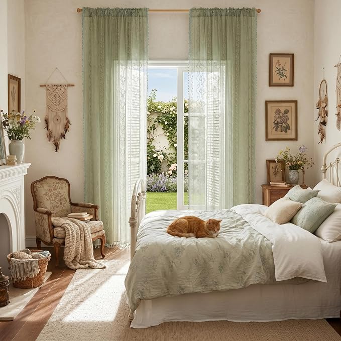 WAZZIO Boho Lace Curtains 2 Panels 72 Inch -Vintage Victorian Sheer Panel Drape French Country Floral Pattern & Tassel Light Filtering Privacy for Bedroom Dining Living Room,Light Sage Green,W52x L72
