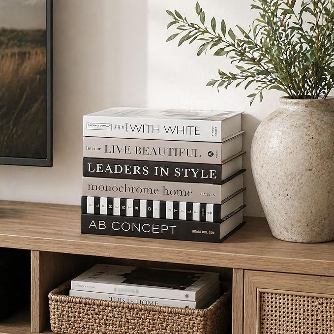 Decorative Books Set of 6 – Faux Books for Home Decor, Coffee Table Decor Books, Fake Books for Decoration, Bookshelf Styling & Living Room Decor, Stacked Book Decor