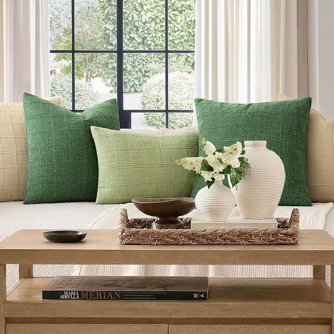 Foindtower Set of 2 Decorative Linen Check Throw Pillow Covers Neutral Farmhouse Vintage Cushion Covers Cozy Modern Boho Accent Home Decor for Sofa Chair Couch Bed Living Room,14×36 Inch,Forest Green