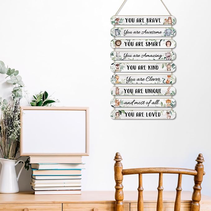MONALET Woodland Safari Baby Animal Inspirational Wall Decor for Kids Room Classroom Playroom Nursery, You Are Loved Hanging Wooden Signs Decorations, Forest Jungle Wall Art Wood Plaque 9Pcs 12x19