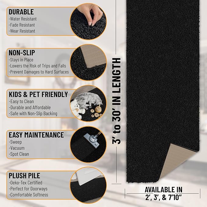 Ottomanson Extra Large Shag Area Rug, Rugs for Living Room, Soft Fluffy Oversized Rug with Non-Slip Rubber Backing, Non-Shedding Rug for Under Couch & Furniture, 7'10" x 20', Black