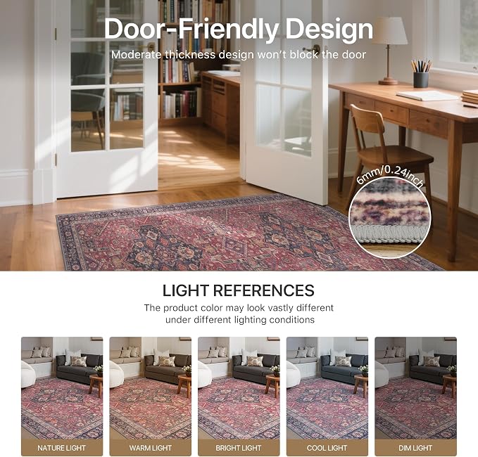 GENIMO 5x7 Area Rugs for Living Room, Machine Washable Non Slip Rugs, Low Pile Lightweight Print Rug for Bedroom, Dining Room, Home Office, Vintage Scarlet