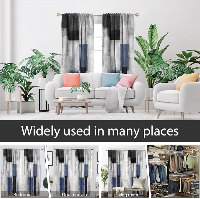 AAtter Blue Black Grey Window Curtain Navy White Gray Abstract Geometric Art Aesthetic Minimalist Boys Mens Long Wide Living Room Bedroom Drapes Treatment Fabric 1 Pair, 52" W x 84" L, Modern