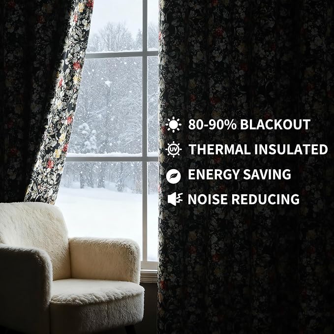Estelar Textiler Black Vintage Boho Velvet Floral Printed Blackout Curtains 72 Inches Long for Bedroom, Luxury Thermal Insulated Light Blocking Curtains & Drapes for Living Room, W52 x L72, 2 Panels