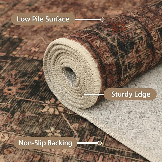 GENIMO 4x6 Area Rugs for Living Room, Machine Washable Rug, Non Slip Indoor Vintage Rug, Low Pile Lightweight Chenille Print Carpet for Bedroom Dining Room Home Office, Charcoal Brown