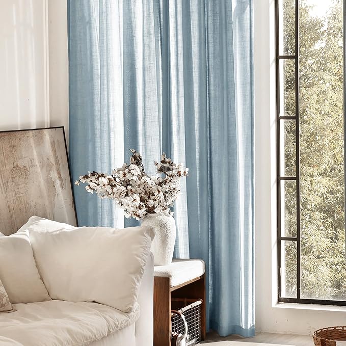 Dusty Blue Linen Curtains for Living Room Back Tab Light Filtering Semi Sheer Bedroom Curtain Linen Cotton Textured Grey Blue Drapery Panel Airy Modern Farmhouse Aesthetic Decor 52x102 Long