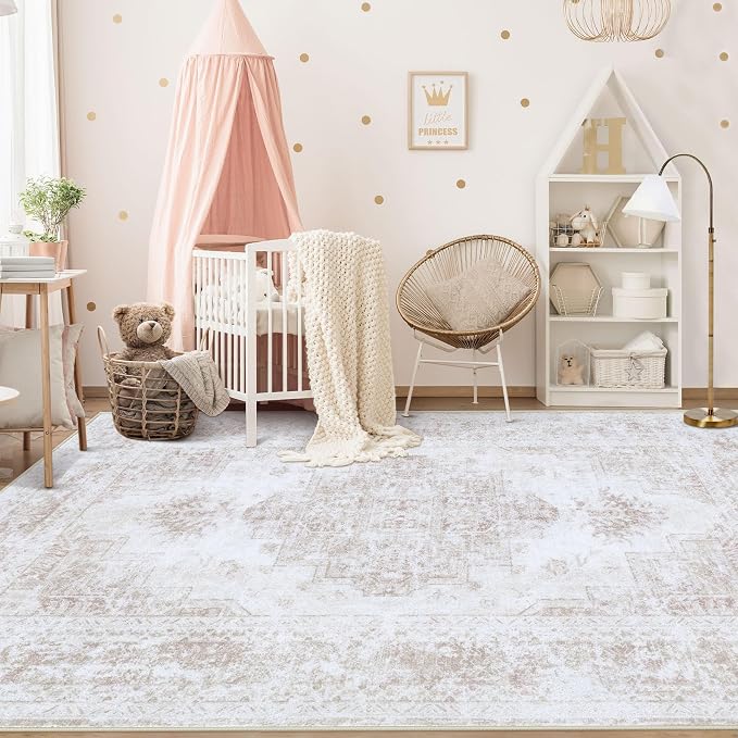 XLUEZ Area Rug 5x7 Living Room Rug, Machine Washable Vintage Distressed Medallion Rug Non-Slip Soft Low Pile Large Indoor Rugs for Bedroom Kitchen Dining Room Office(Beige,5'x7')