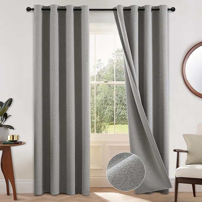 COSVIYA 100% Blackout Dove Grey Linen Curtains & Drapes 96 Inch Length 2 Panels Set, Full Room Darkening Grommet Insulated Thermal Window Panels for Bedroom/Living Room,52x96 inches