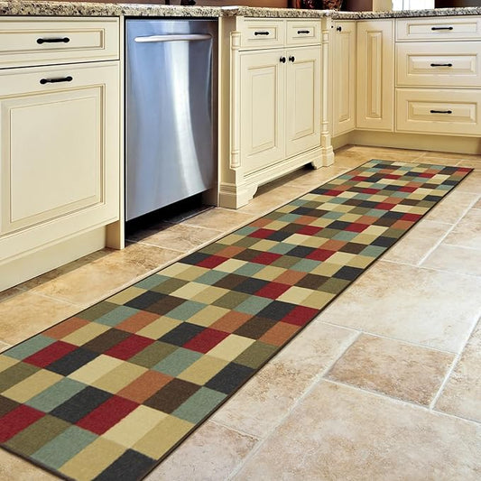 Ottomanson 1'10.5" x 6' Kitchen Runner Rug – Non Slip Stain Resistant Low Pile Kitchen Floor Mat for Sink, Laundry Room, Hallway & Bathroom, Checkered Multicolor