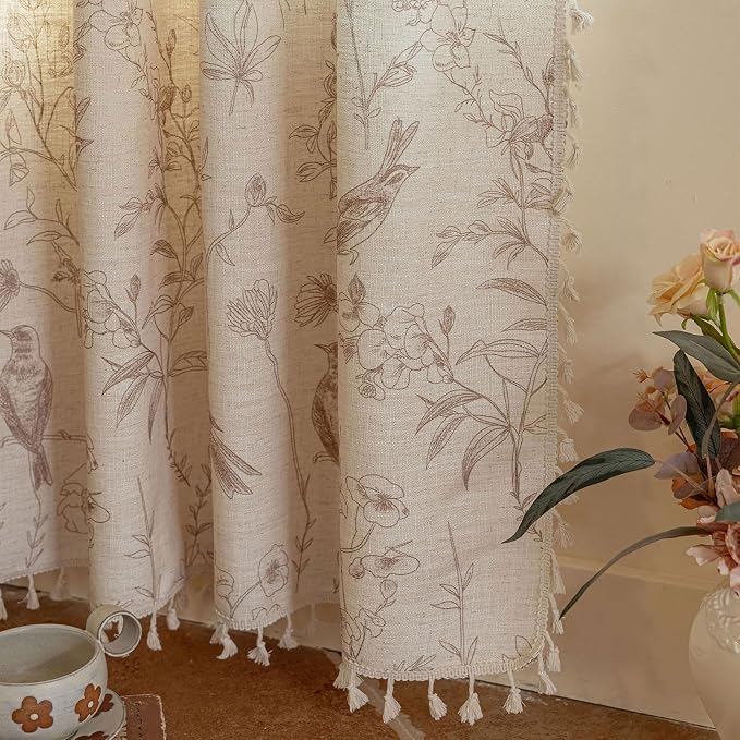 OYX Boho Bird Floral Curtains 84 Inch, Linen Farmhouse Botanical Drapes with Tassels, Light Filtering Semi Sheer Curtains for Living Room Bedroom, 2 Panels, Rod Pocket, 52Wx84L
