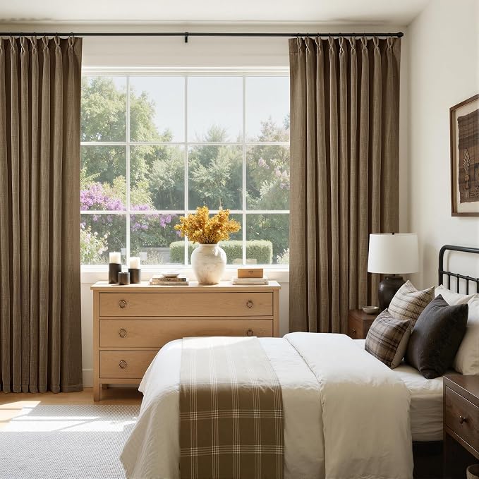 Dutch Cocoa Pinch Pleated Linen Curtains 96 Inches Long 60 Inch Width Linen Blend Light Filtering Window Curtains 96 Inch for Living Room Bedroom Patio Pinch Pleat Drapes Hooks Rings 1 Panel 60Wx96L