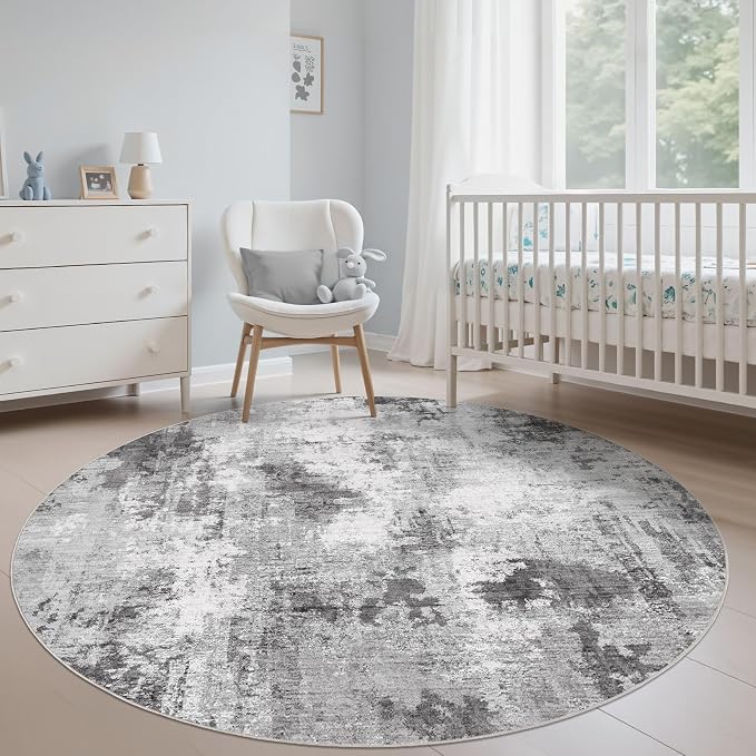 Abstract 9FT Round Rug: Machine Washable Non Slip Ultra Thin Low-Pile Carpet, Soft Stain Resistant for Living Dining Room Bedroom, Kid Pet Friendly, Robot Vacuum Compatible - Grey