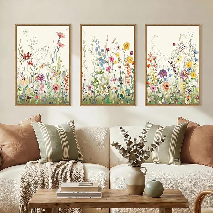 Large Watercolor Colorful Wildflower Framed Canvas Wall Art Set,Modern Natural Floral Botanical Wall Decor,Vibrant Flower Butterfly Landscape Artwork for Living Room, Bedroom,Office- 16"x24"x3