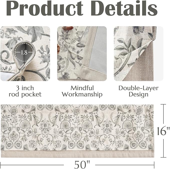 jinchan Linen Valance Kitchen Curtain Pack of 2 Double Layer 16 Inch for Living Room Bedroom Window Treatment Light Filtering Vintage Farmhouse Cottagecore Rod Pocket 2 Panels Grey on Beige