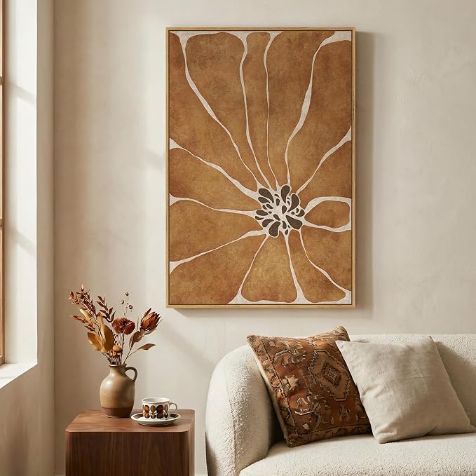 Framed Boho Abstract Neutral Floral Wall Art for Living Room, Modern Minimalist Brown Flower Print Canvas Artwork for Walls, Vertical Japandi Wabi Sabi Wall Decor for Bedroom Dining Room, 24x36 Inch