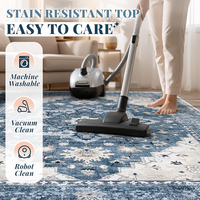 Area Rug 9x12 Vintage Rug: Large Washable Indoor Medallion Rugs Low Pile Distressed Floor Carpet Retro Accent Rug for Living Room Bedroom Kitchen Dining Table Home Office(Blue, 9'x12')