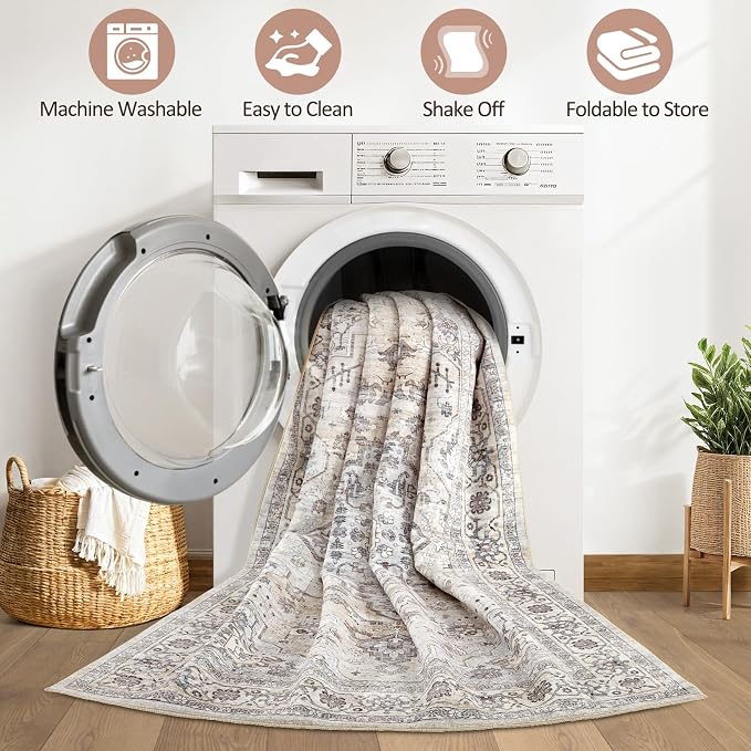 12x15 Area Rug Living Room: Washable Boho Large Neutral Vintage Soft Rugs Stain Resistant Farmhouse Non-Slip Indoor Floor Carpet for Bedroom Nursery Kids Office Dining Room- Ivory Gray