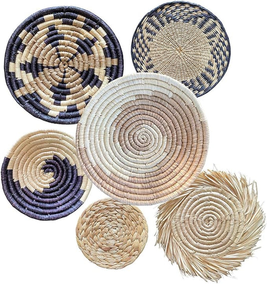 Laquedecraft Boho Round Handmade Wall Basket Decor | Woven Seagrass Rattan Wicker Wall Decor Hanging Rustic Flat Elegant Wall Art for Farmhouse Living Rooms Bedrooms Display Table Settings Kitchen Home (Bohemian, 6)