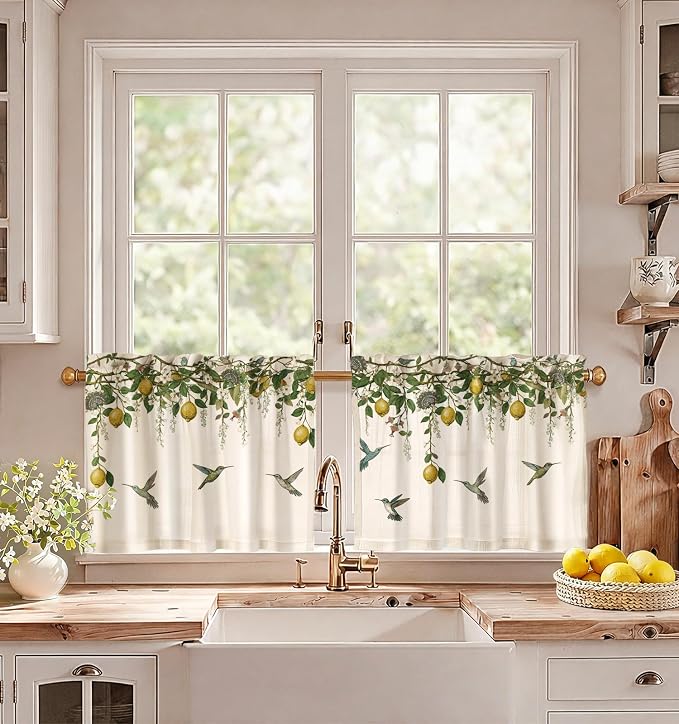 Miss Adola Farmhouse Kitchen Tier Curtains - 18 Inch Length Linen Blend Vintage Cafe Curtains Lemon Bird Small Window Treatments Over Sink Rod Pocket for Bathroom Living Room Light Filtering, 2 Panels