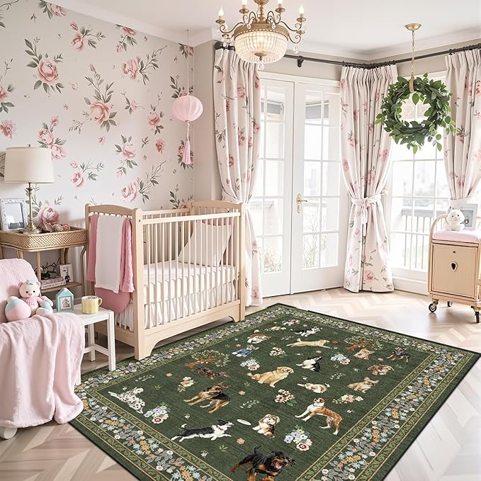 Area Rug 4x6 Dark Green Rug, Washable Boho Rugs Non Slip Low Pile Floral Dog Small Carpet for Bedroom, Bedside, Kids Room, Office, Dining Room(Dark Green, 4 x 6)
