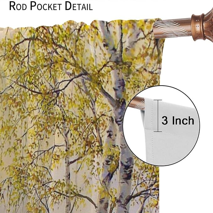 Forest Curtains, Yellow Countryside Nature Foggy Autumn River Birch Forest Falling Leaves Blackout Window Treatments, Thermally Insulated Drapes for Boys Girls Living Room Bedroom 42x63in