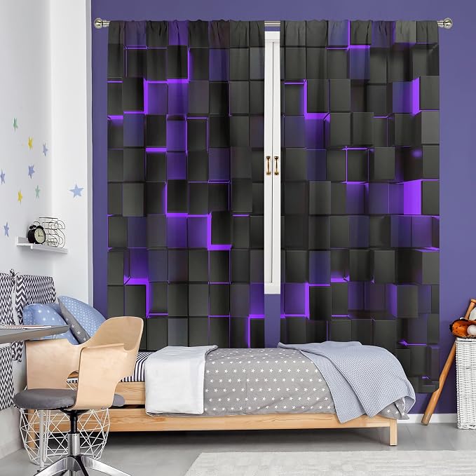MESHELLY Abstract Black Purple Curtains 42Wx63H Inch Rod Pocket Modern 3D Gradient Design Futuristic Geometric Cubes Bedroom Window Drapes Man Boys Printed Minimalist Living Room Window Fabric 2 Panel