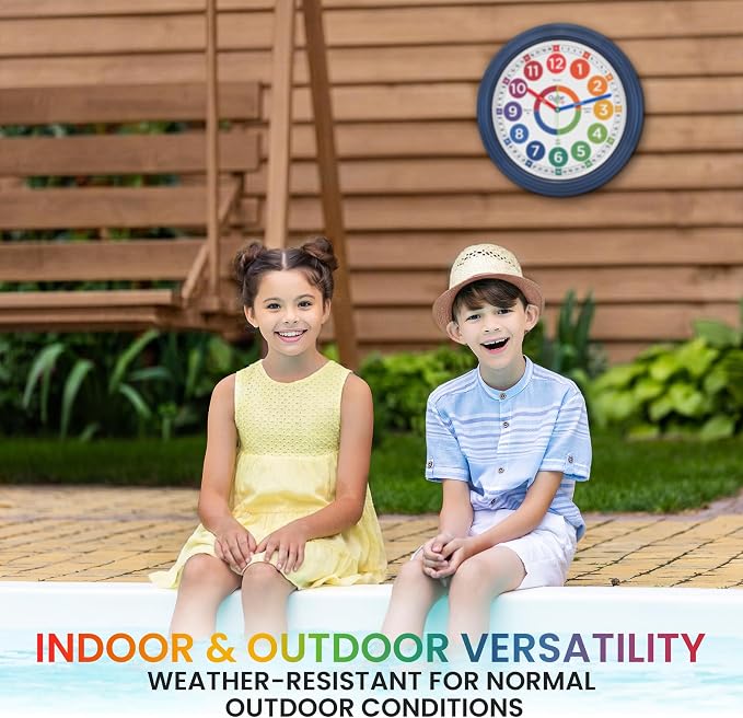 Oyster&Pop Extra Large 16" Kids Clock - Silent Indoor Outdoor Weatherproof Analog Wall Clock - Learning Clock for Kids - Classrooms Homeschool & Patio - Includes How to Tell Time eBook