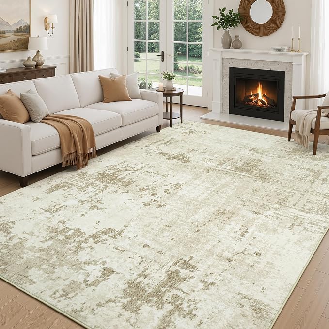 Rugflix 8x10 Area Rugs for Living Room, Washable Large Rug Stain-Resistant Low Pile, Modern Neutral Carpet for Dining Room Home Office Kid Room Nursery Bedroom, Beige