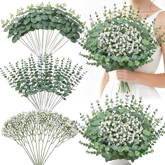Serwalin 50Pcs Mixed Eucalyptus Greenery Stems 3 Kinds,Baby Breath Flowers Artificial Bulk with Faux Eucalyptus Stems Fake Greenery for DIY Bouquets Wedding Floral Arrangement Home Decor