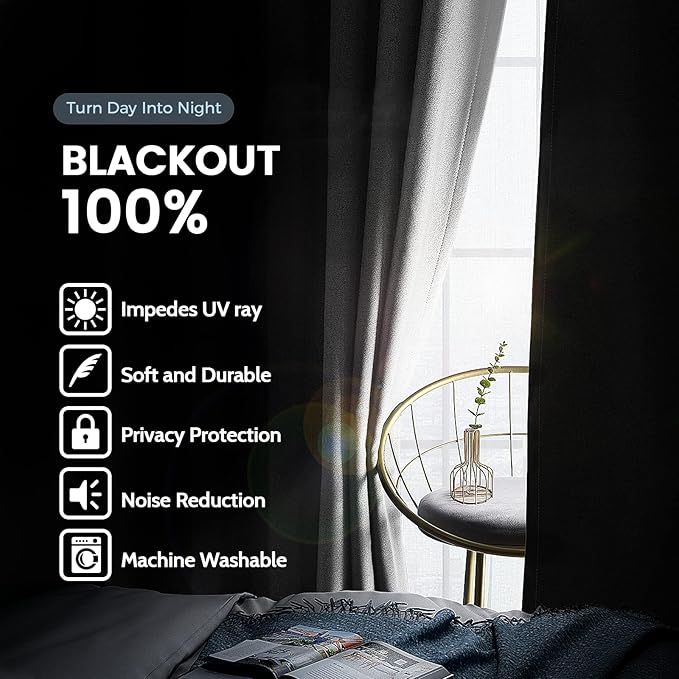 SimpleHome 100% Blackout Curtains for Bedroom,Thermal Insulated White Grommet Window Drapes Room Darkening Curtains for Living Room with Black Back,38 x 63 Inch,2 Panels
