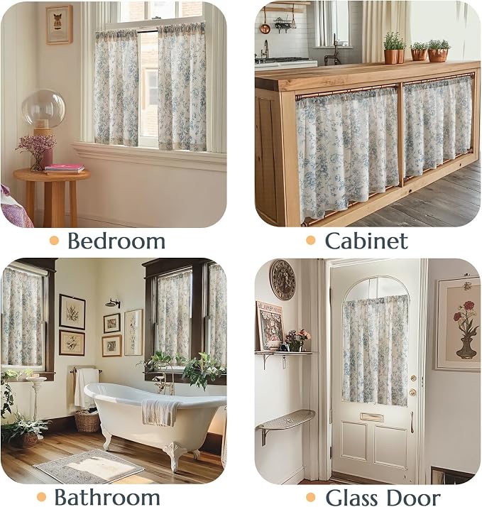 jinchan Linen Kitchen French Floral Tier Curtains 30 Inch Farmhouse Vintage Cafe Small Window Rustic Half Window Curtains for Living Room Bathroom 2 Panels Blue on Beige