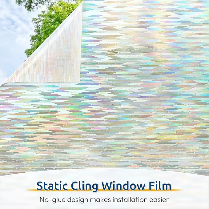 rabbitgoo Window Privacy Film, Stanied Glass Cling with Kit, 17.5" x 157.4" | 3D Rainbow Prism Effect, Static Cling, Sun Blocking Reduce Glare, Easy to Install, Decorative Glass Clings for Home Decor