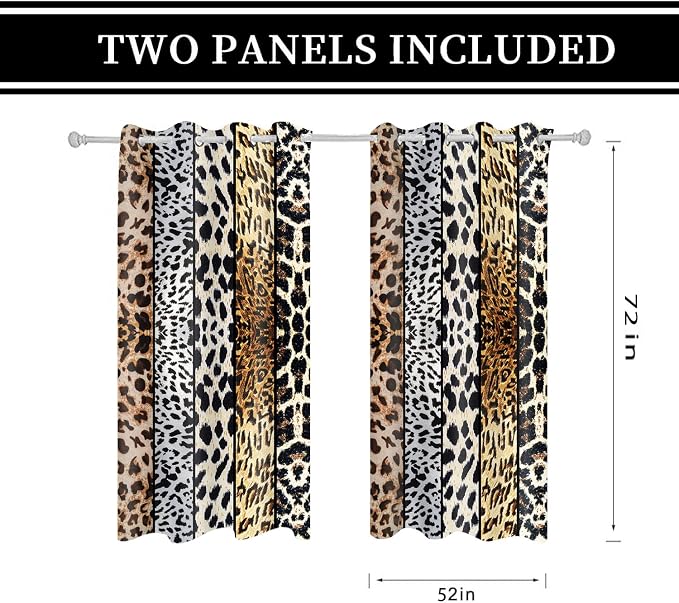 Wild Animal Print Curtain, Room Darkening Thermal Insulated Blackout Leopard Boa Window Drapes with Grommets for Living, Dining, Bedroom, 52"x 72", Set of 2 Panels