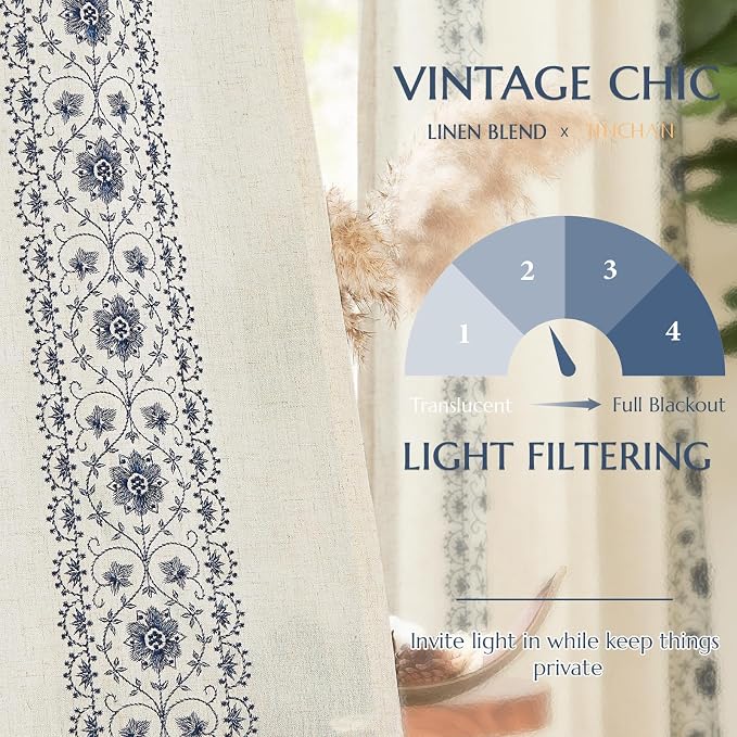 jinchan Weslie Boho Curtains for Bedroom Blue Vintage Floral Farmhouse Curtains 90 Inches Long Linen Drapes for Living Room Embroidered Light Filtering Drapes Rod Pocket Blue on Beige 2 Panels